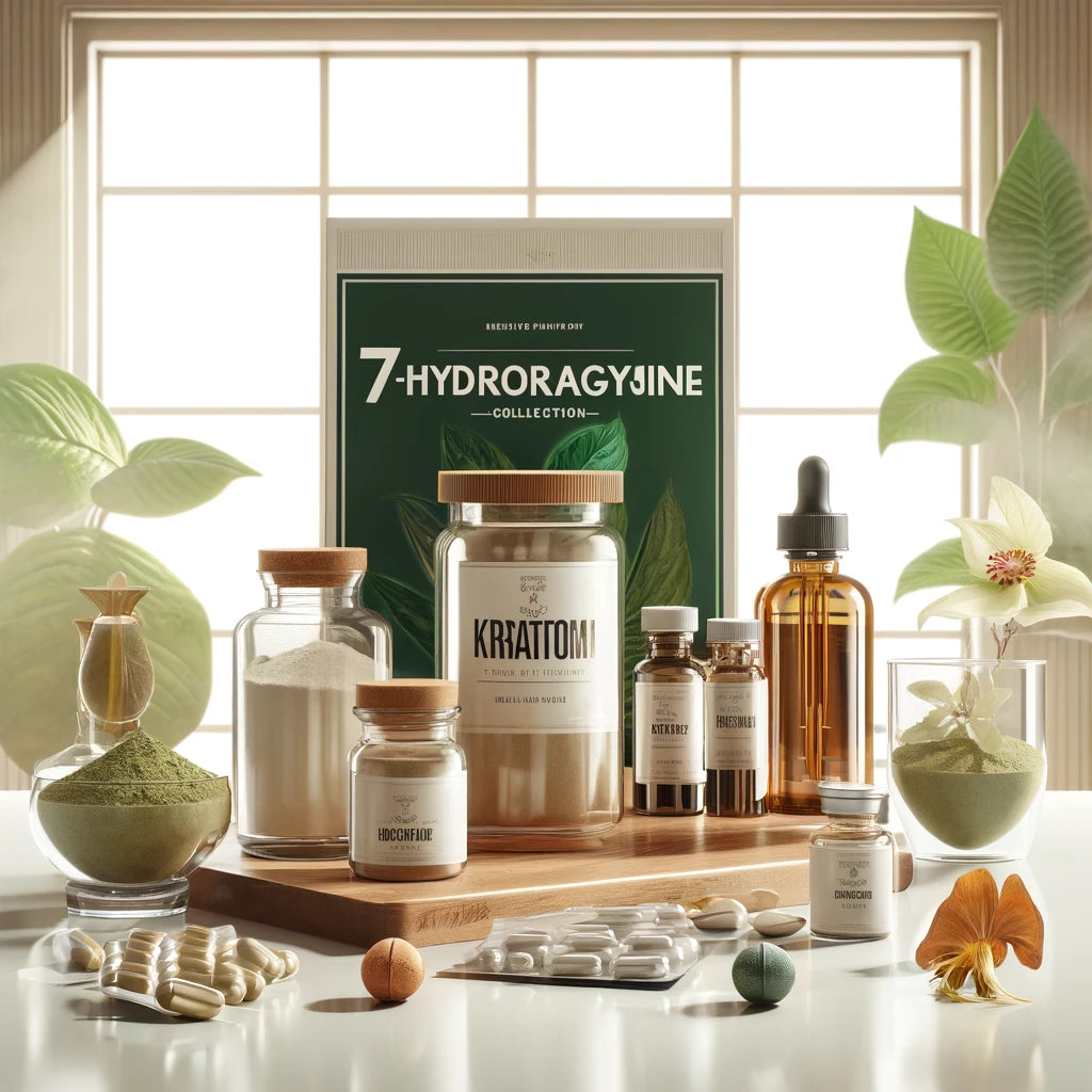 7-Hydroxymitragynine Kratom collection, featuring powder, capsules, liquid shots, and edibles.