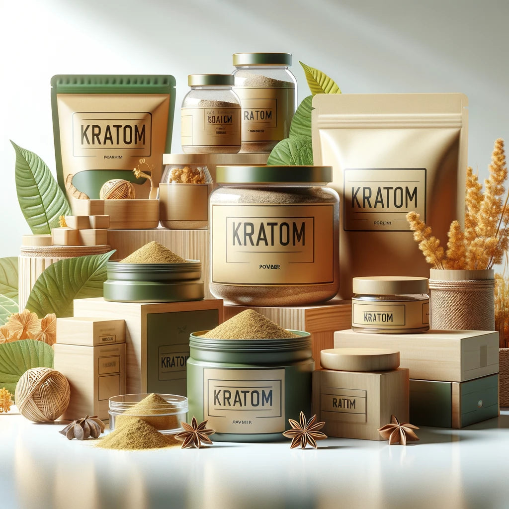 kratom powder in various packaging forms including jars, containers, bags, and pouches