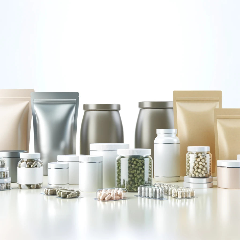 capsules and tablets in various packaging forms including jars, containers, bags, and pouches